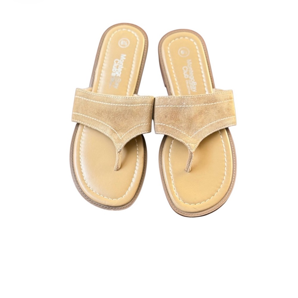 Montego Bay Club Leather Thong Sandals Women’s Size 6.5 Tan Slip On Flip Flops